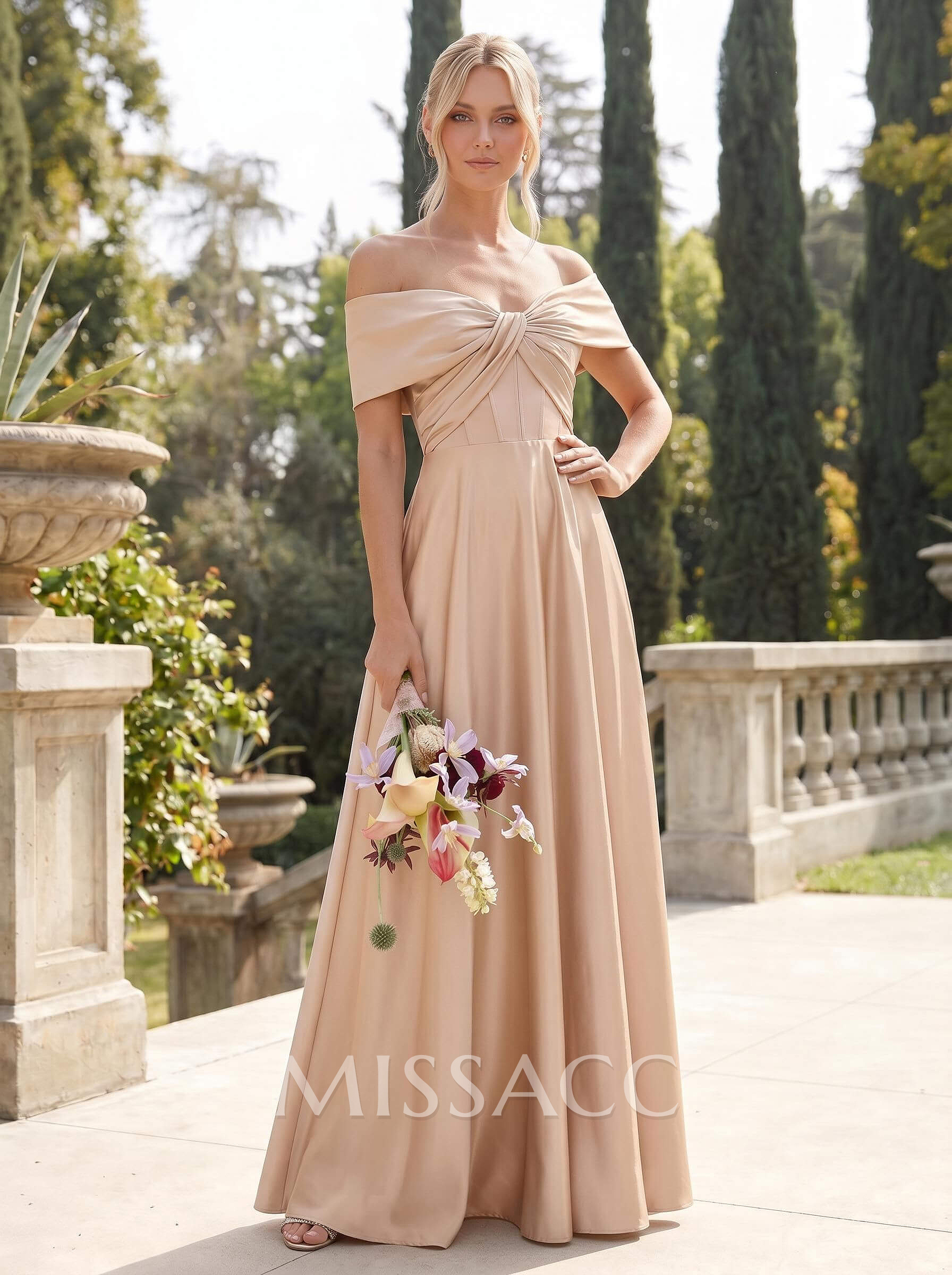 A-Line Off-The-Shoulder Sleeveless Floor-Length Satin Bridesmaid Dresses