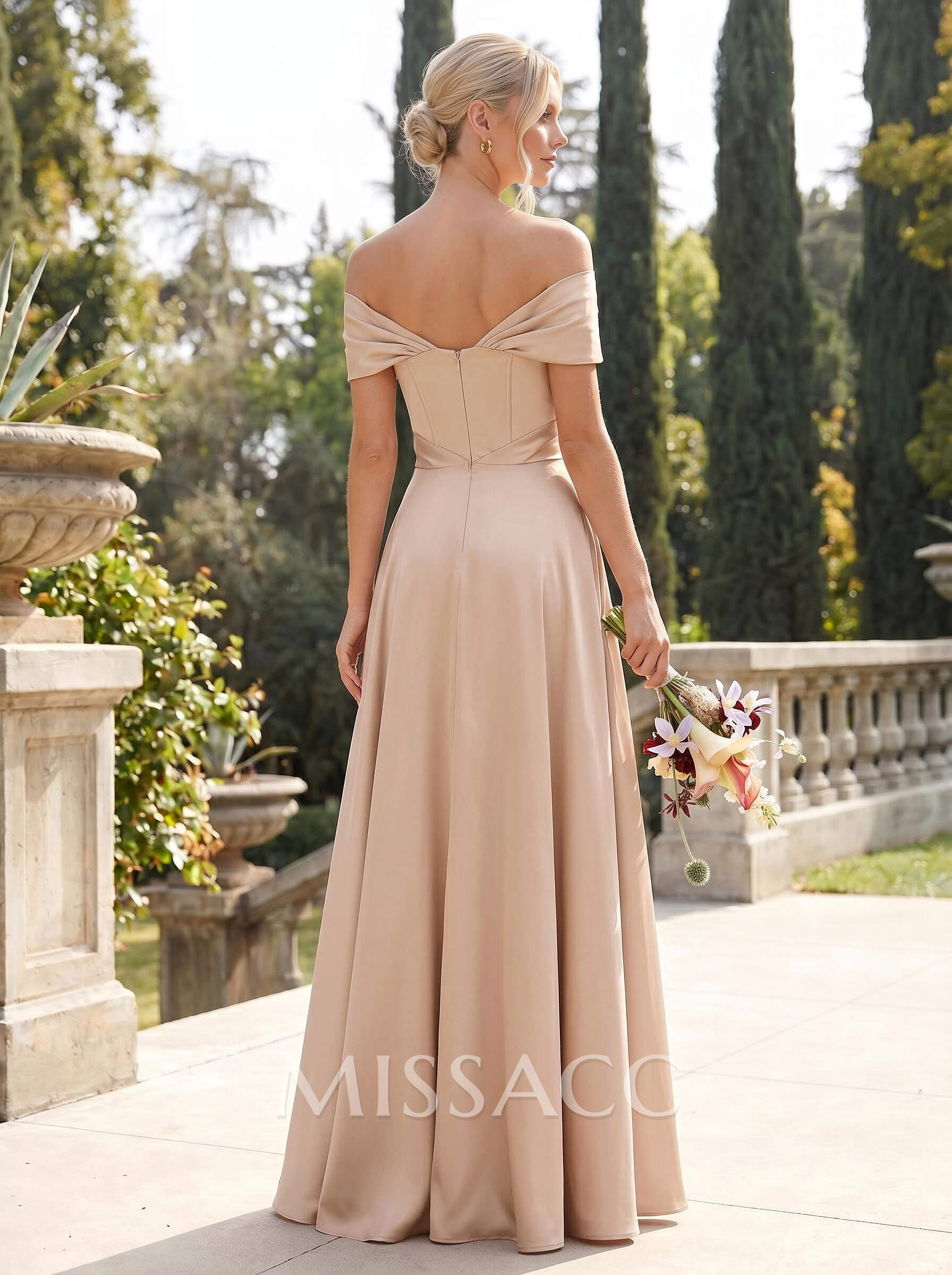 A-Line Off-The-Shoulder Sleeveless Floor-Length Satin Bridesmaid Dresses
