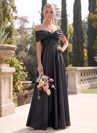 A-Line Off-The-Shoulder Sleeveless Floor-Length Satin Bridesmaid Dresses