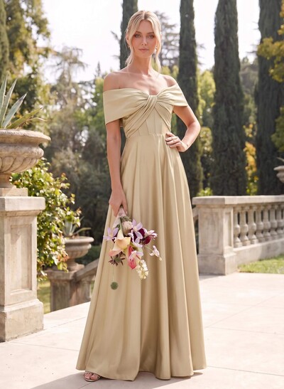 A-Line Off-The-Shoulder Sleeveless Floor-Length Satin Bridesmaid Dresses
