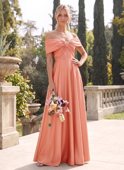 A-Line Off-The-Shoulder Sleeveless Floor-Length Satin Bridesmaid Dresses