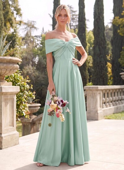 A-Line Off-The-Shoulder Sleeveless Floor-Length Satin Bridesmaid Dresses