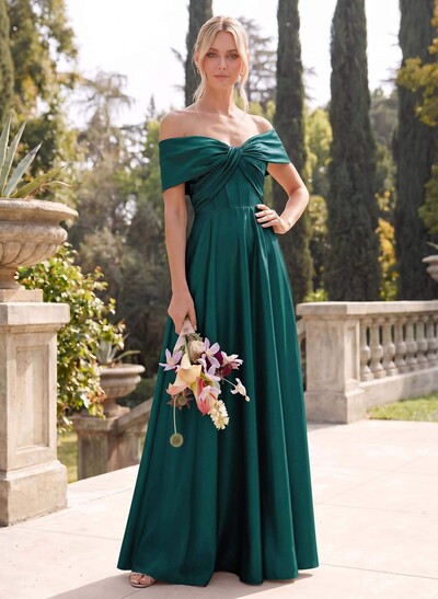 A-Line Off-The-Shoulder Sleeveless Floor-Length Satin Bridesmaid Dresses