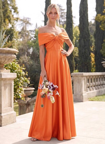 A-Line Off-The-Shoulder Sleeveless Floor-Length Satin Bridesmaid Dresses