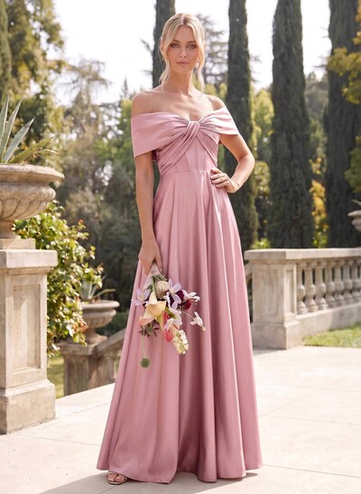 A-Line Off-The-Shoulder Sleeveless Floor-Length Satin Bridesmaid Dresses