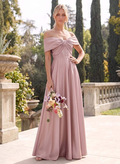 A-Line Off-The-Shoulder Sleeveless Floor-Length Satin Bridesmaid Dresses