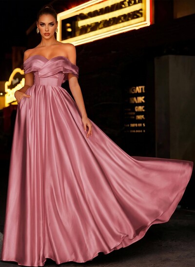 A-Line Off-The-Shoulder Sleeveless Satin Bridesmaid Dresses With Bow(s)/Pockets