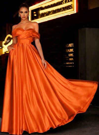 A-Line Off-The-Shoulder Sleeveless Satin Bridesmaid Dresses With Bow(s)/Pockets