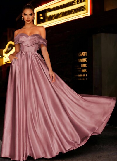 A-Line Off-The-Shoulder Sleeveless Satin Bridesmaid Dresses With Bow(s)/Pockets