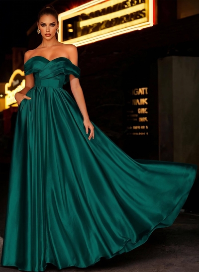 A-Line Off-The-Shoulder Sleeveless Satin Bridesmaid Dresses With Bow(s)/Pockets