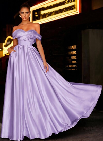 A-Line Off-The-Shoulder Sleeveless Satin Bridesmaid Dresses With Bow(s)/Pockets