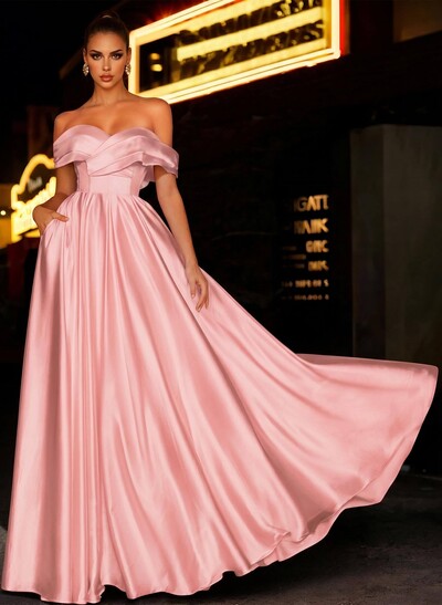 A-Line Off-The-Shoulder Sleeveless Satin Bridesmaid Dresses With Bow(s)/Pockets