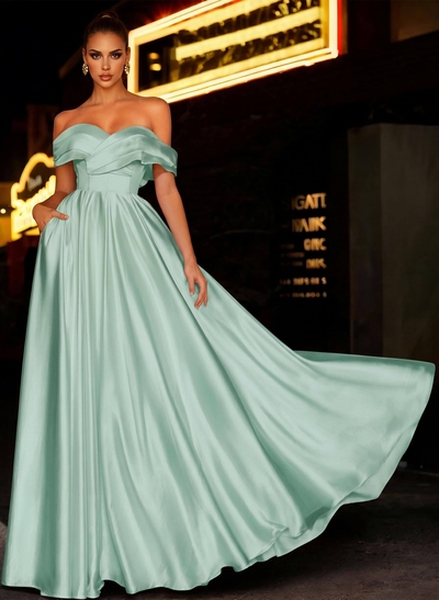 A-Line Off-The-Shoulder Sleeveless Satin Bridesmaid Dresses With Bow(s)/Pockets