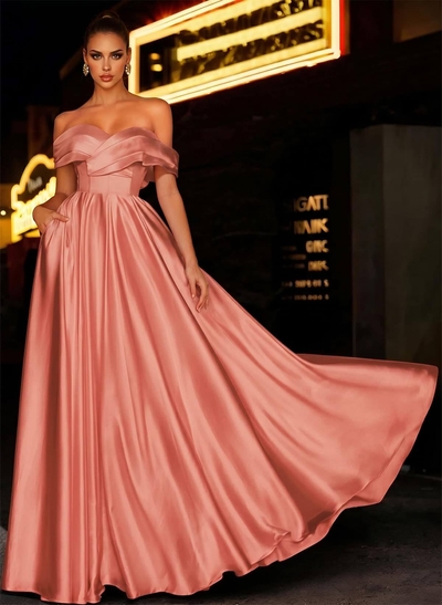 A-Line Off-The-Shoulder Sleeveless Satin Bridesmaid Dresses With Bow(s)/Pockets