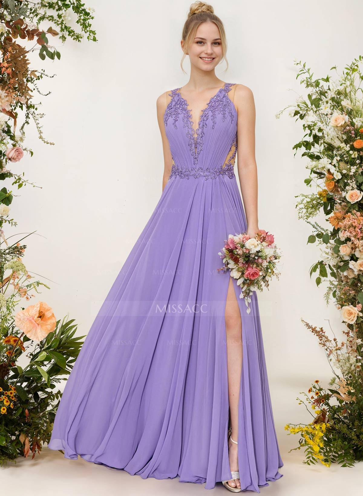 A-Line V-Neck Sleeveless Chiffon Bridesmaid Dresses With Lace/High Split