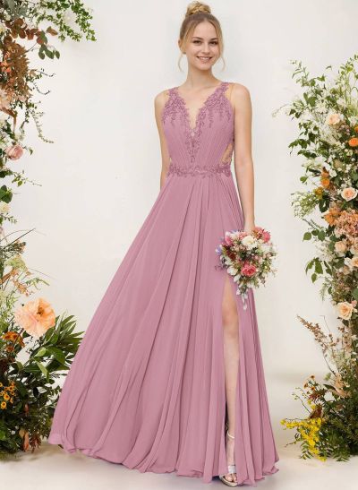 A-Line V-Neck Sleeveless Chiffon Bridesmaid Dresses With Lace/High Split