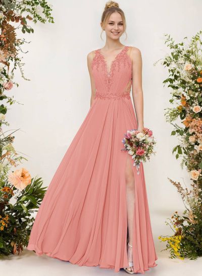 A-Line V-Neck Sleeveless Chiffon Bridesmaid Dresses With Lace/High Split