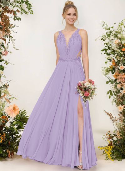 A-Line V-Neck Sleeveless Chiffon Bridesmaid Dresses With Lace/High Split