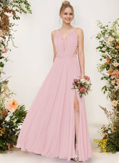 A-Line V-Neck Sleeveless Chiffon Bridesmaid Dresses With Lace/High Split