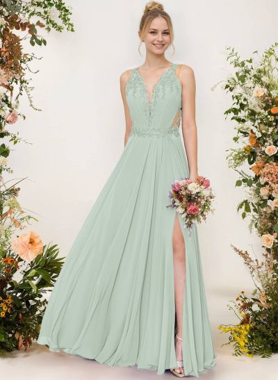 A-Line V-Neck Sleeveless Chiffon Bridesmaid Dresses With Lace/High Split