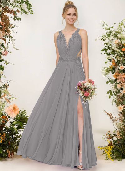A-Line V-Neck Sleeveless Chiffon Bridesmaid Dresses With Lace/High Split