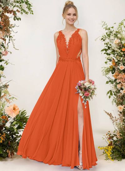 A-Line V-Neck Sleeveless Chiffon Bridesmaid Dresses With Lace/High Split