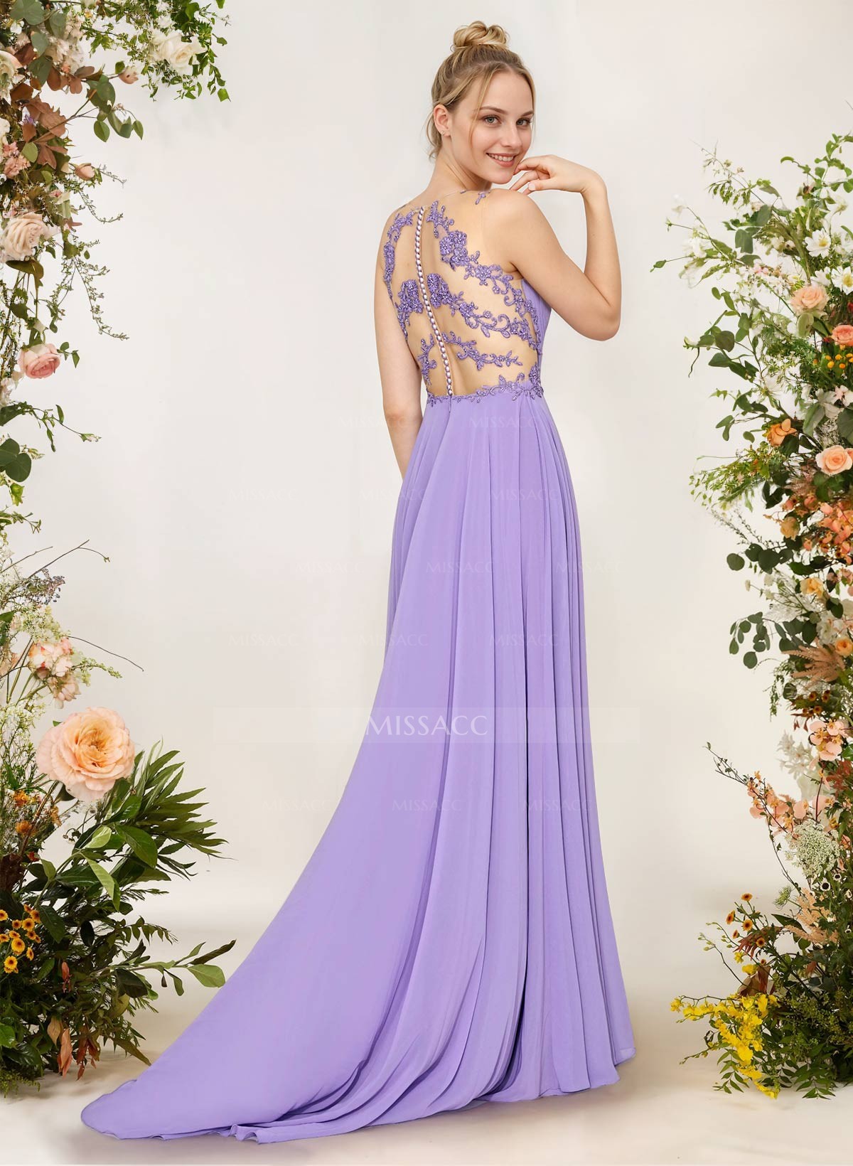 A-Line V-Neck Sleeveless Chiffon Bridesmaid Dresses With Lace/High Split