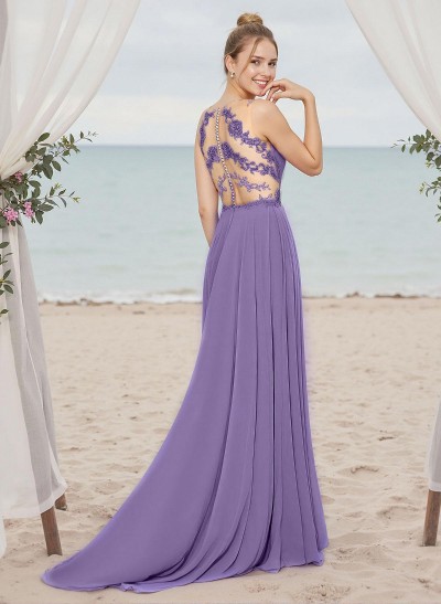 A-Line V-Neck Sleeveless Chiffon Bridesmaid Dresses With Lace/High Split