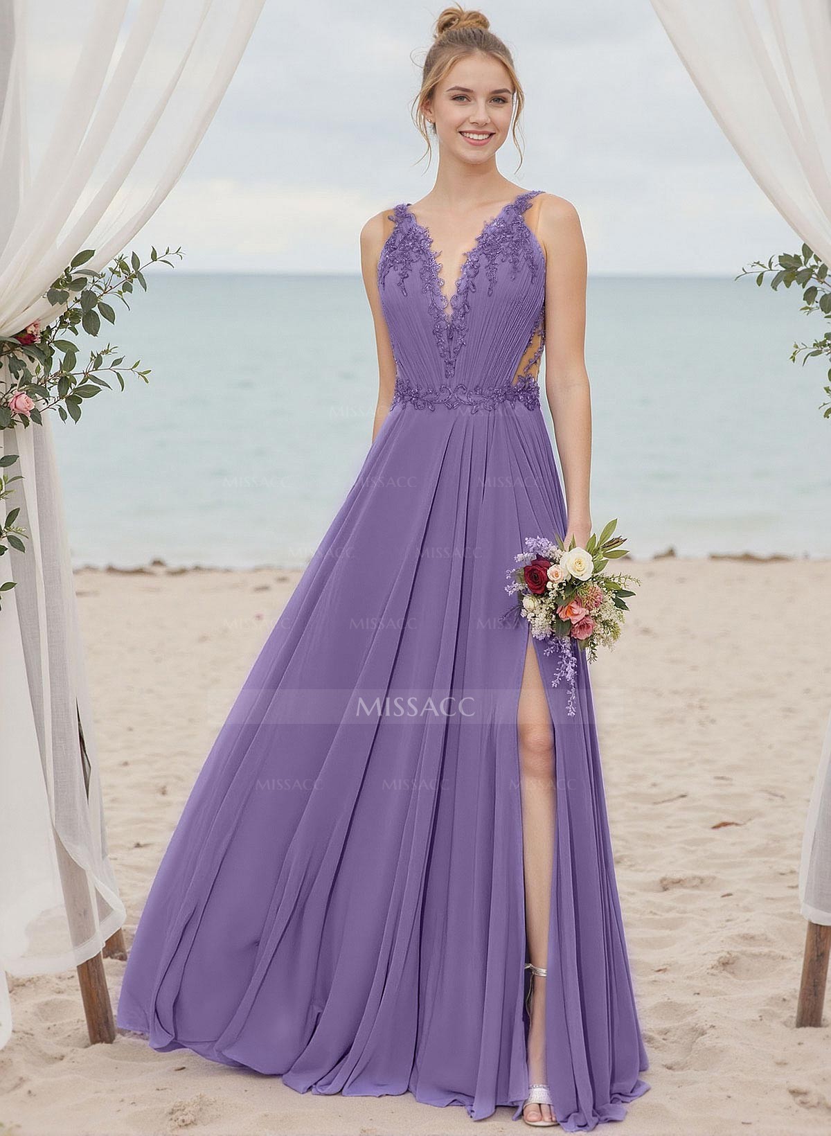 A-Line V-Neck Sleeveless Chiffon Bridesmaid Dresses With Lace/High Split