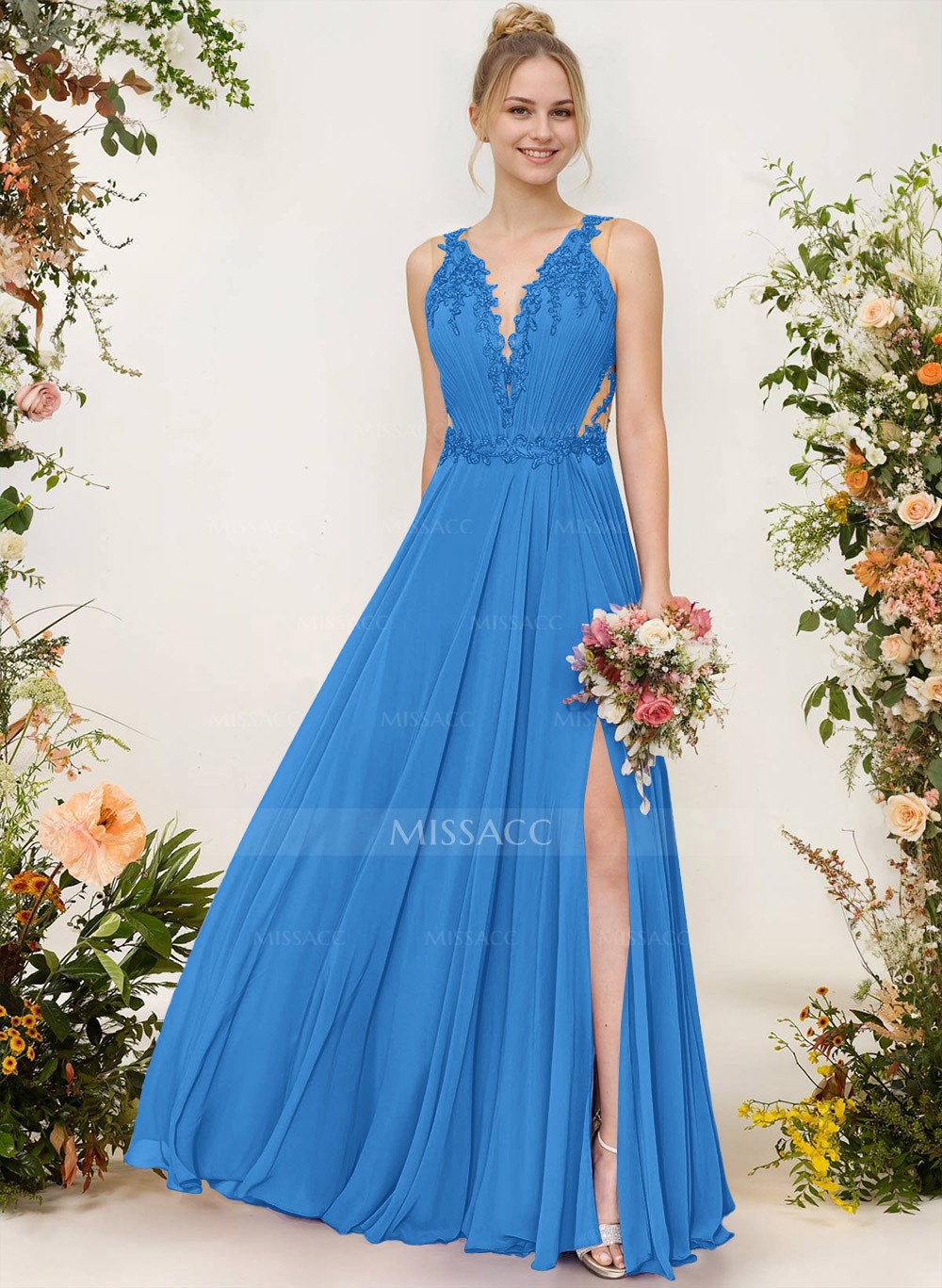 A-Line V-Neck Sleeveless Chiffon Bridesmaid Dresses With Lace/High