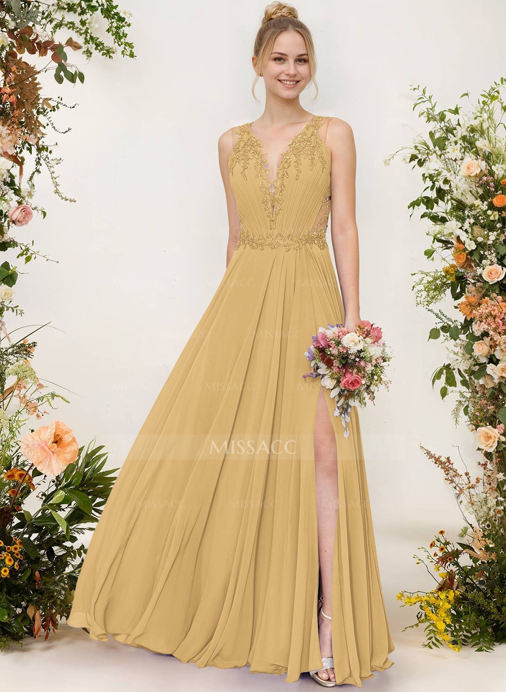 A-Line V-Neck Sleeveless Chiffon Bridesmaid Dresses With Lace/High Split -  Missacc, image size:1000x1367