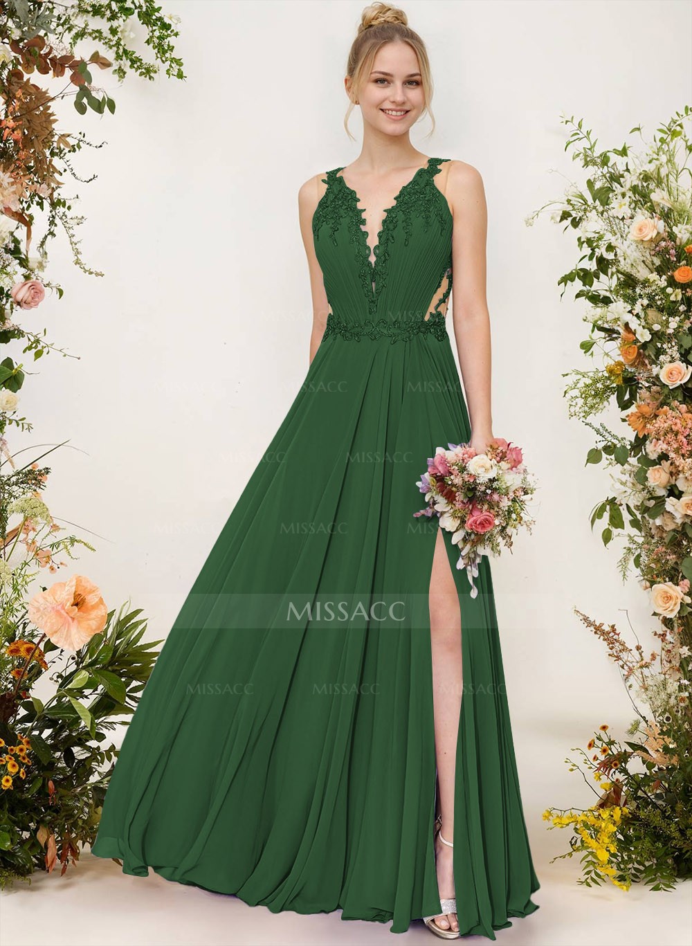 A-Line V-Neck Sleeveless Chiffon Bridesmaid Dresses With Lace/High
