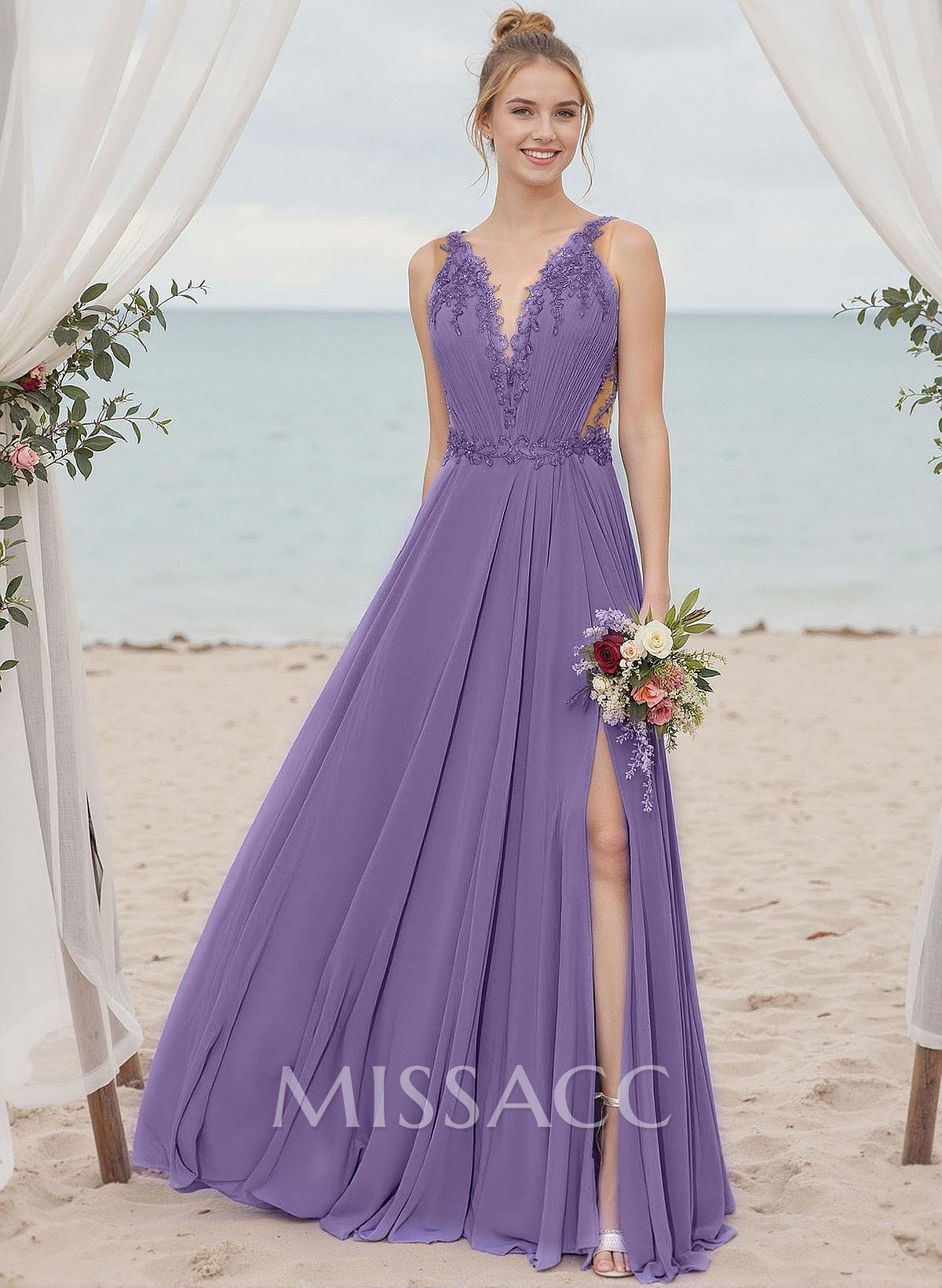 A-Line V-Neck Sleeveless Chiffon Bridesmaid Dresses With Lace/High Split A-Line V-Neck Sleeveless Chiffon Bridesmaid Dresses With Lace/High Split