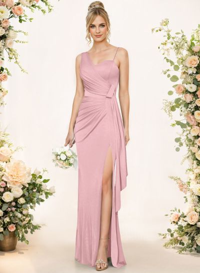 Sheath/Column Asymmetrical Elastic Satin Bridesmaid Dresses With High Split