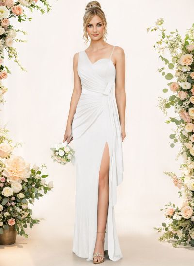 Sheath/Column Asymmetrical Elastic Satin Bridesmaid Dresses With High Split