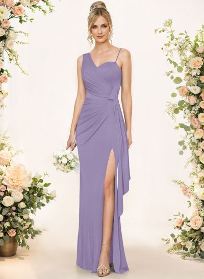 Sheath/Column Asymmetrical Elastic Satin Bridesmaid Dresses With High Split