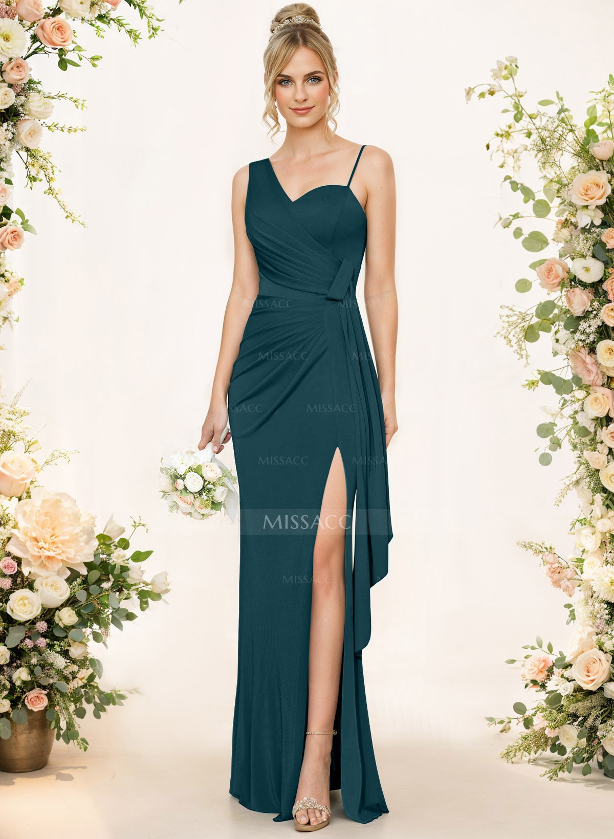 Sheath/Column Asymmetrical Elastic Satin Bridesmaid Dresses With High Split