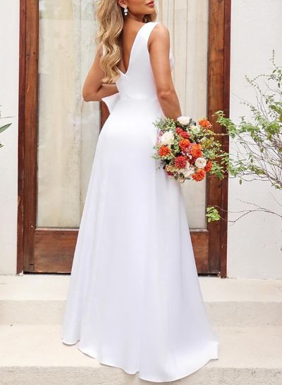 A-Line V-Neck Sleeveless Satin Bridesmaid Dresses With Bow(s)/High Split