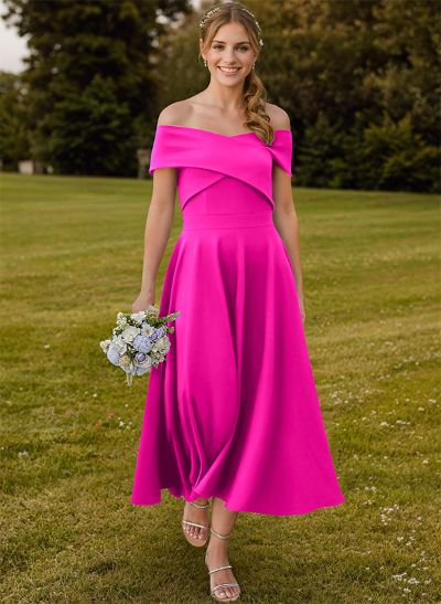 A-Line Off-The-Shoulder Short Sleeves Tea-Length Elastic Satin Bridesmaid Dresses