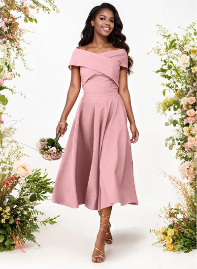 A-Line Off-The-Shoulder Short Sleeves Tea-Length Elastic Satin Bridesmaid Dresses