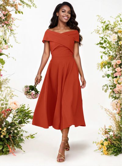 A-Line Off-The-Shoulder Short Sleeves Tea-Length Elastic Satin Bridesmaid Dresses