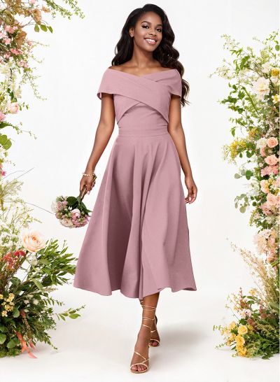 A-Line Off-The-Shoulder Short Sleeves Tea-Length Elastic Satin Bridesmaid Dresses
