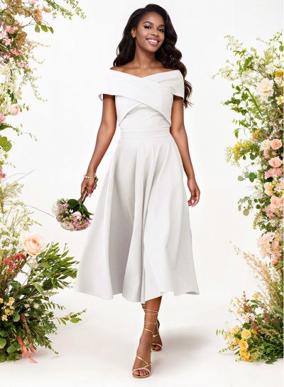 A-Line Off-The-Shoulder Short Sleeves Tea-Length Elastic Satin Bridesmaid Dresses