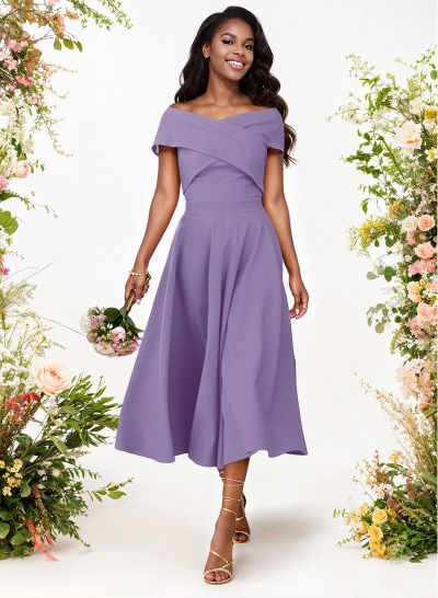 A-Line Off-The-Shoulder Short Sleeves Tea-Length Elastic Satin Bridesmaid Dresses