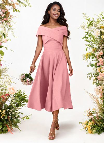 A-Line Off-The-Shoulder Short Sleeves Tea-Length Elastic Satin Bridesmaid Dresses