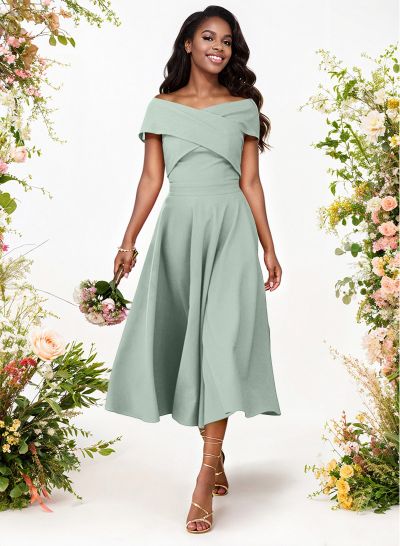 A-Line Off-The-Shoulder Short Sleeves Tea-Length Elastic Satin Bridesmaid Dresses