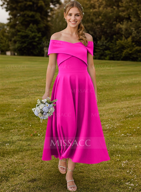 A-Line Off-The-Shoulder Short Sleeves Tea-Length Elastic Satin Bridesmaid Dresses