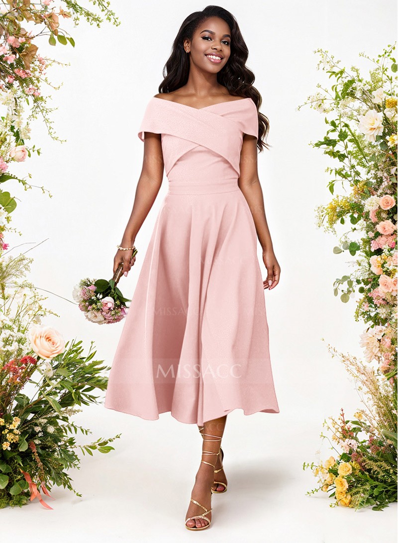 A-Line Off-The-Shoulder Short Sleeves Tea-Length Elastic Satin