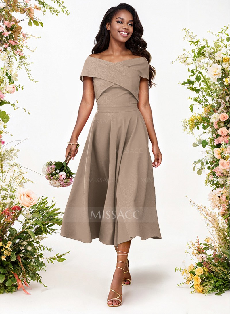 A-Line Off-The-Shoulder Short Sleeves Tea-Length Elastic Satin