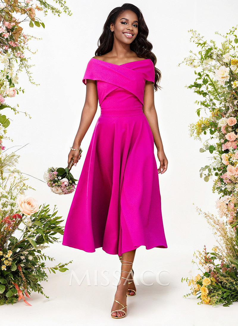 A-Line Off-The-Shoulder Short Sleeves Tea-Length Elastic Satin Bridesmaid Dresses A-Line Off-The-Shoulder Short Sleeves Tea-Length Elastic Satin Bridesmaid Dresses